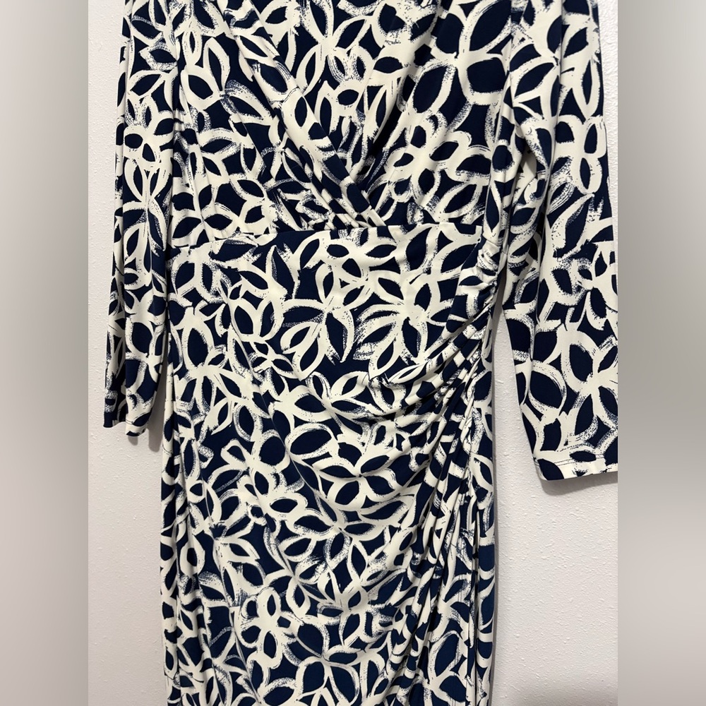 Lauren Ralph Lauren Navy and Cream/White Elsie Faux Mock Wrap 3/4 Sleeve Dress - Picture 5 of 9